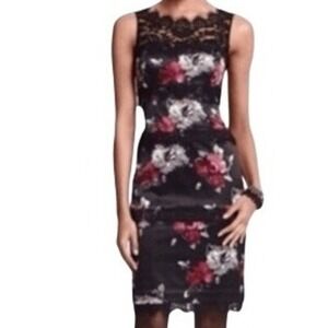 WHITE HOUSE BLACK MARKET Black Satin Floral Sheath Dress Lace Trim EUC Size‎ 00